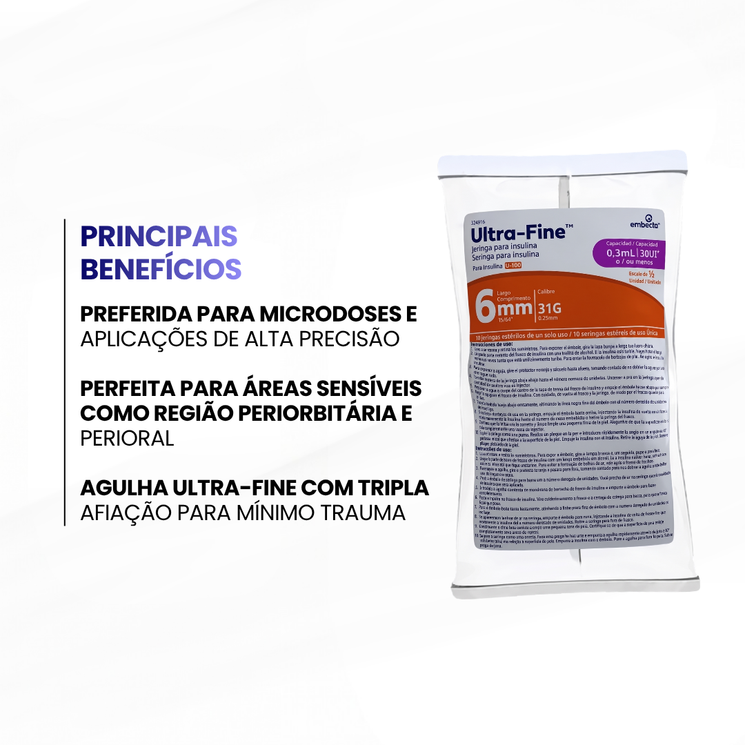 Pacote de seringa de Insulina Ultra Fine EMBECTA - 0,5mL - 50ui - 31G - 8mm (escala de 1 unidade) 10un - imagem 2